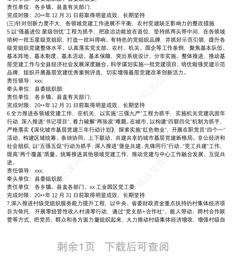 县落实20xx年度党组织书记抓基层党建述职评议考核工作反馈问题整改方案范文