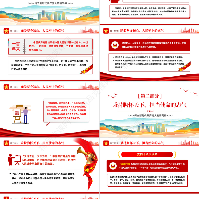 2024树立新时代共产党人的精气神PPT简洁党建风党员干部学习教育专题党课模板