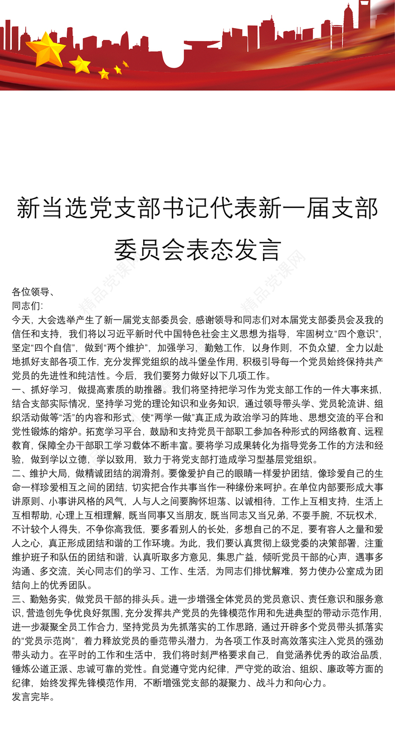 新当选党支部书记代表新一届支部委员会表态发言