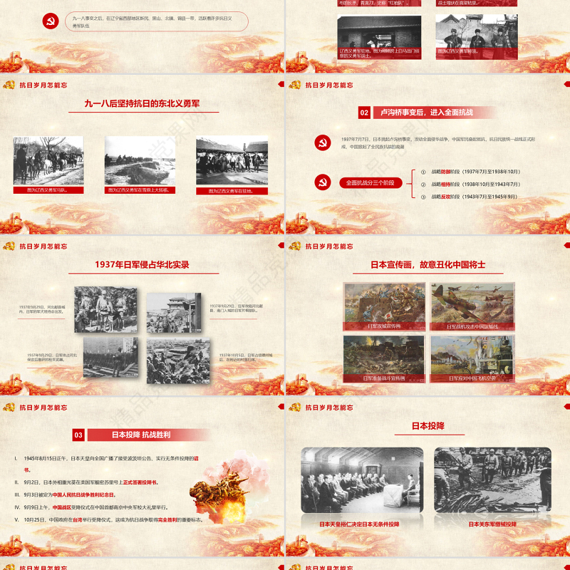原创红色党政风纪念抗日战争74周年纪念抗战胜利PPT模板-版权可商用