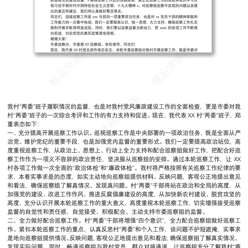 村支部书记在巡察工作动员会上的表态发言三篇