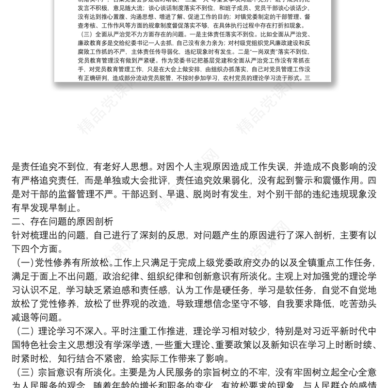 X乡镇党委书记巡察整改民主生活会个人对照检查材料