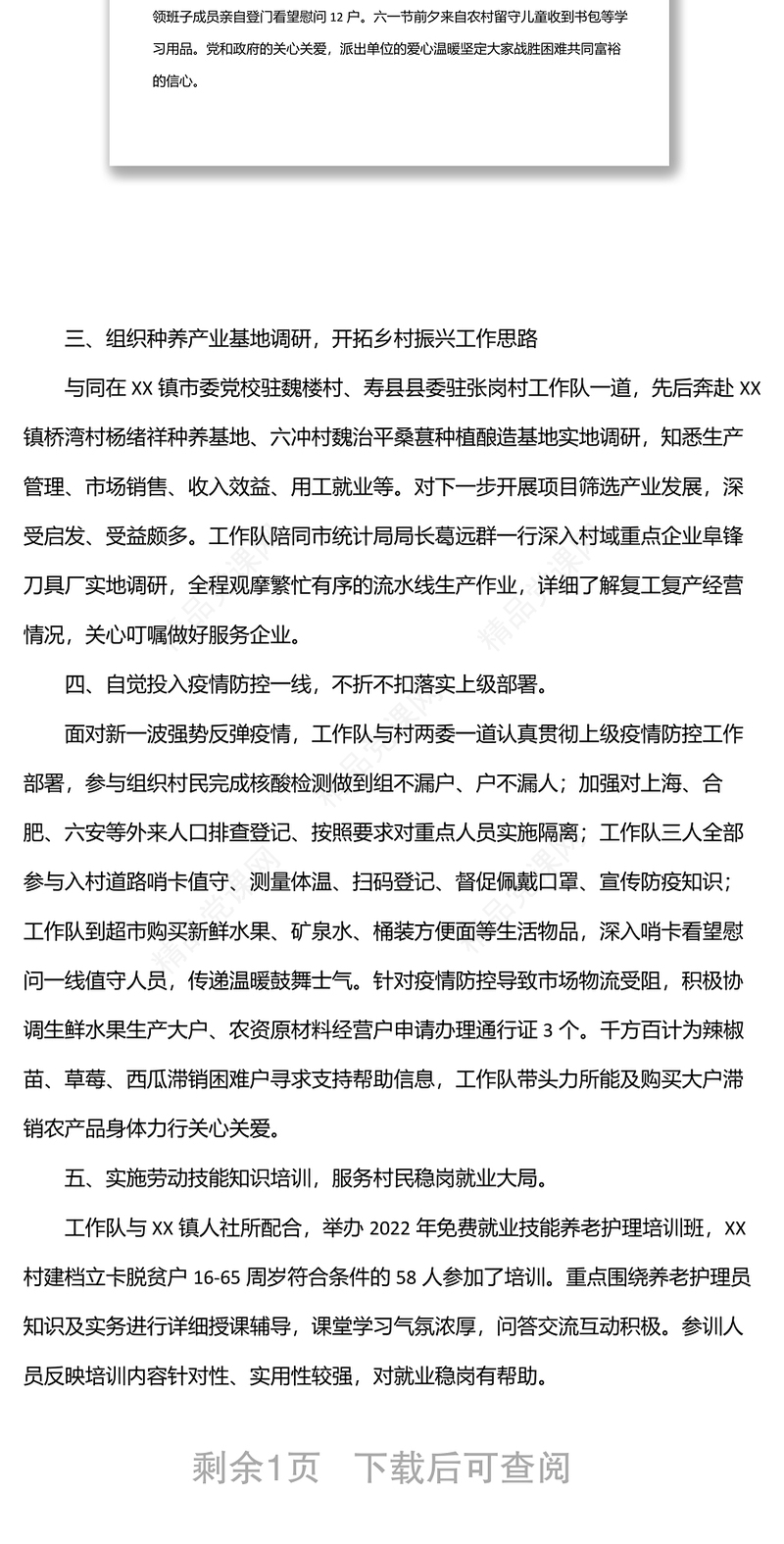 市统计局驻村工作队上半年工作总结范文样本