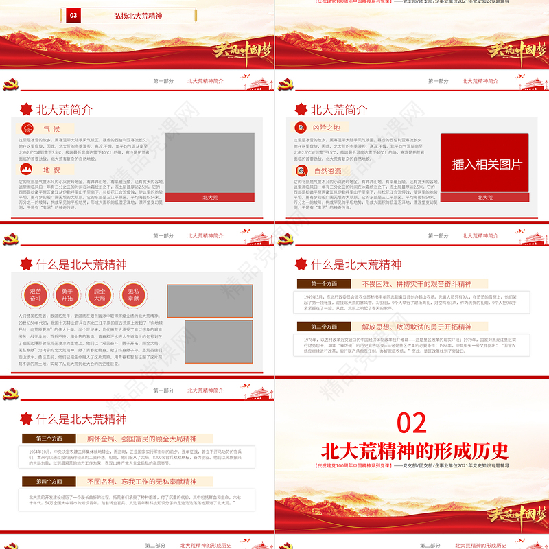 弘扬北大荒精神PPT建党100周年中国精神谱系艰苦奋斗勇于开拓顾全大局无私奉献发扬优良传统弘扬新风正气党课课件