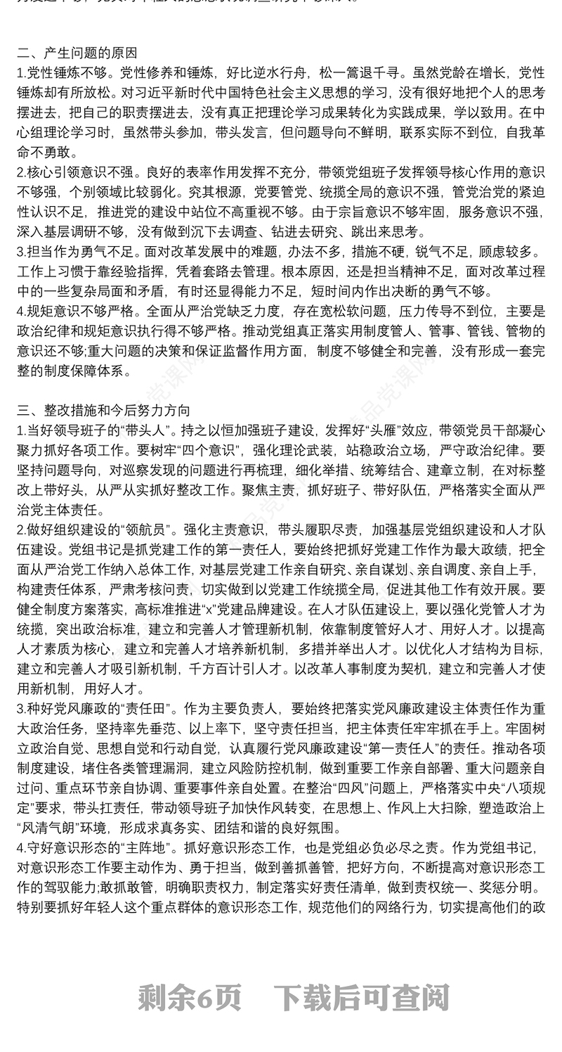 巡察整改专题民主生活会党组书记对照检查发言三篇