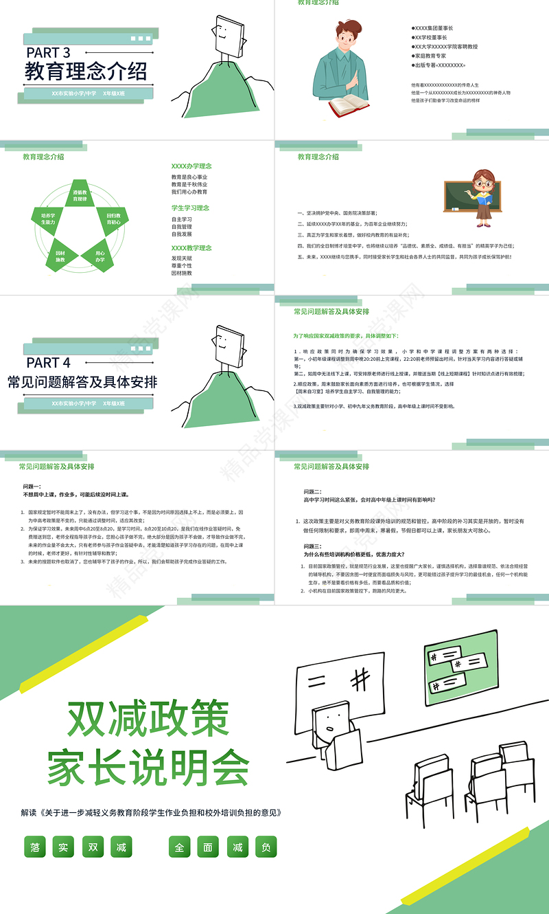 双减政策家长说明会PPT清新绿色减轻学生作业负担和压减学科类校外培训机构家长会沟通模板