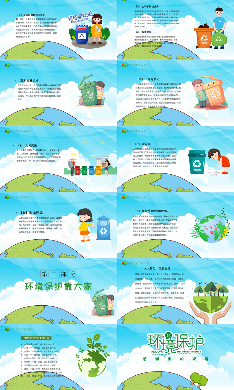 世界环境日保护环境热爱地球蓝色卡通插画环保PPT模板
