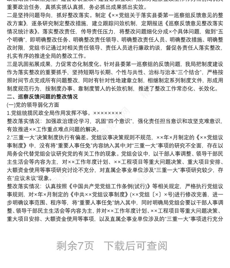 主要负责人关于组织落实巡察反馈意见整改情况的报告