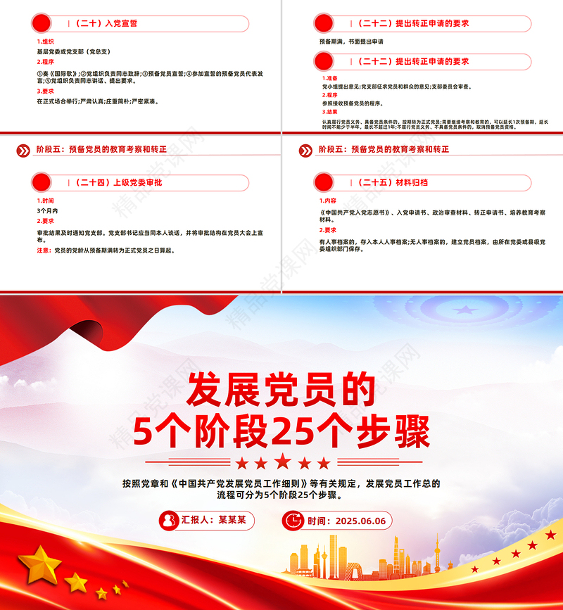 红色简洁发展党员的5个阶段25个步骤党务知识PPT课件模板