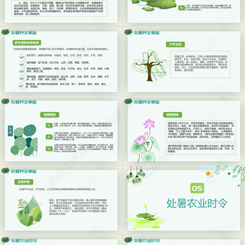 原创小清新校园文化教育传统中国二十四节气之处暑节气相关知识介绍主题班会PPT-版权可商用