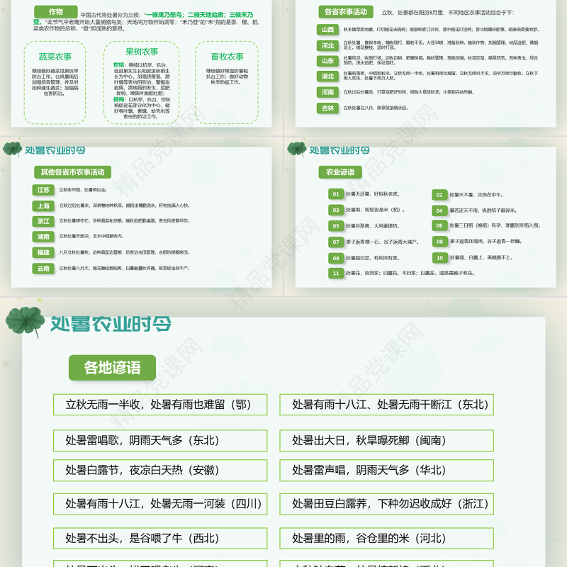 原创小清新校园文化教育传统中国二十四节气之处暑节气相关知识介绍主题班会PPT-版权可商用