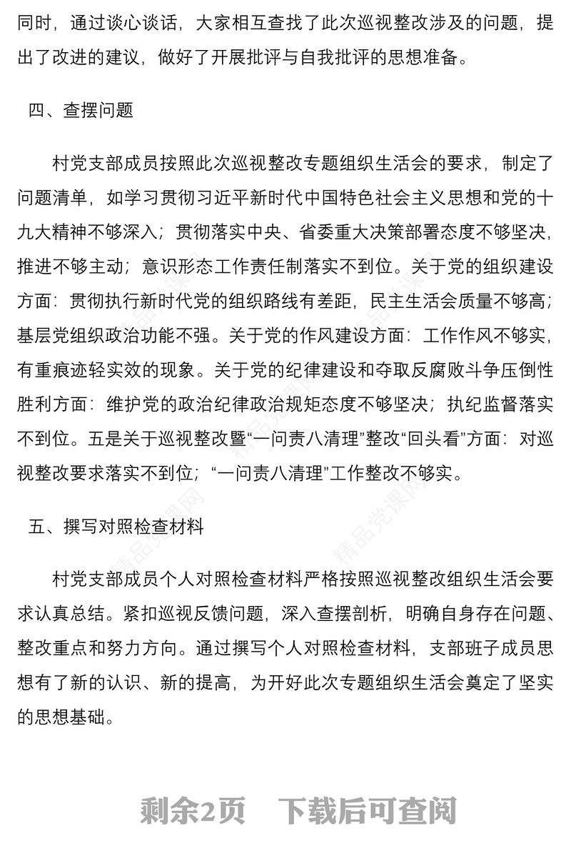 村党支部召开巡视巡察整改专题组织生活会情况报告