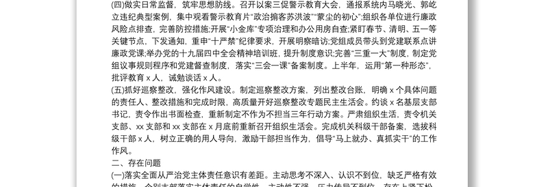 20xx年上半年全面从严治党两个责任情况报告