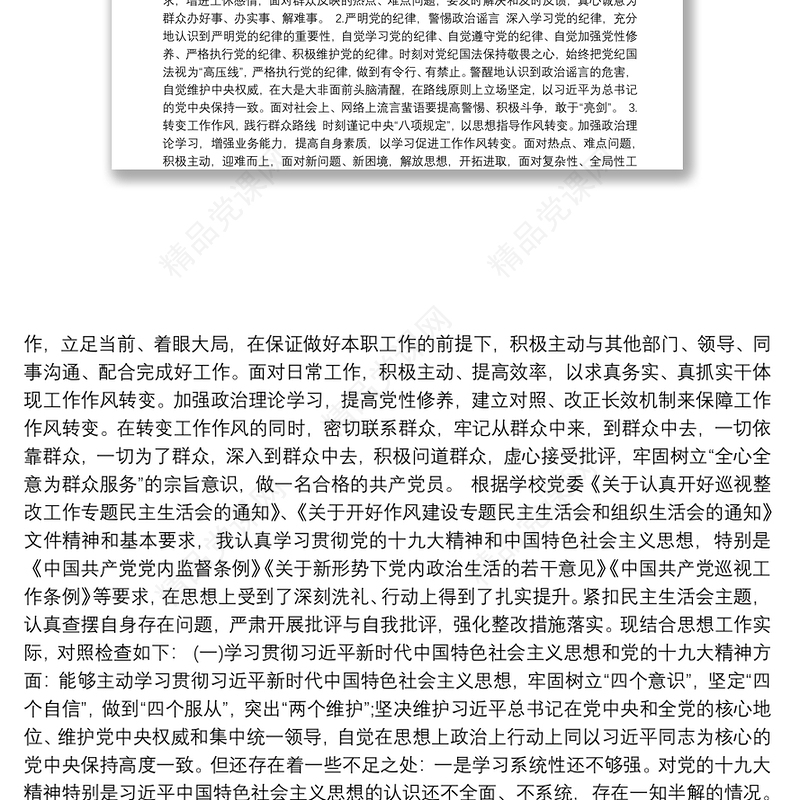 巡查整改民主生活会发言