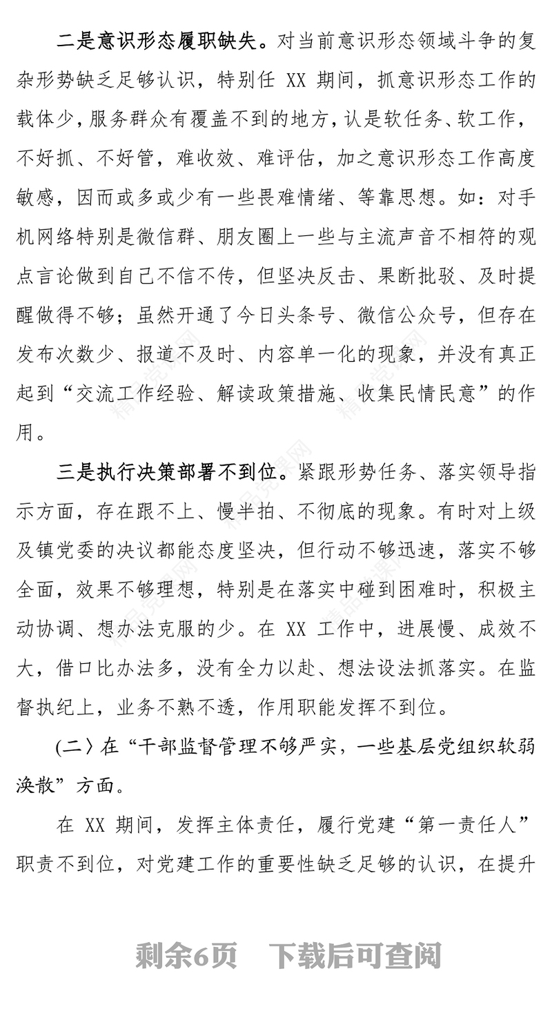 公文范文巡视整改专题民主生活会发言提纲