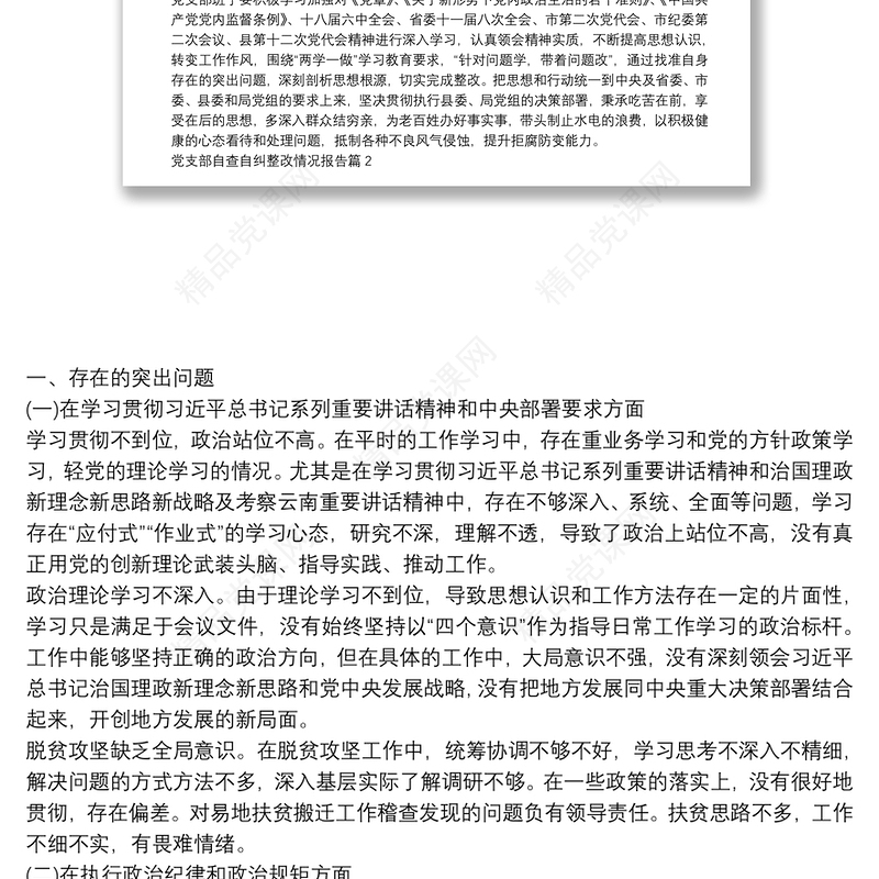 党支部自查自纠整改情况报告20篇
