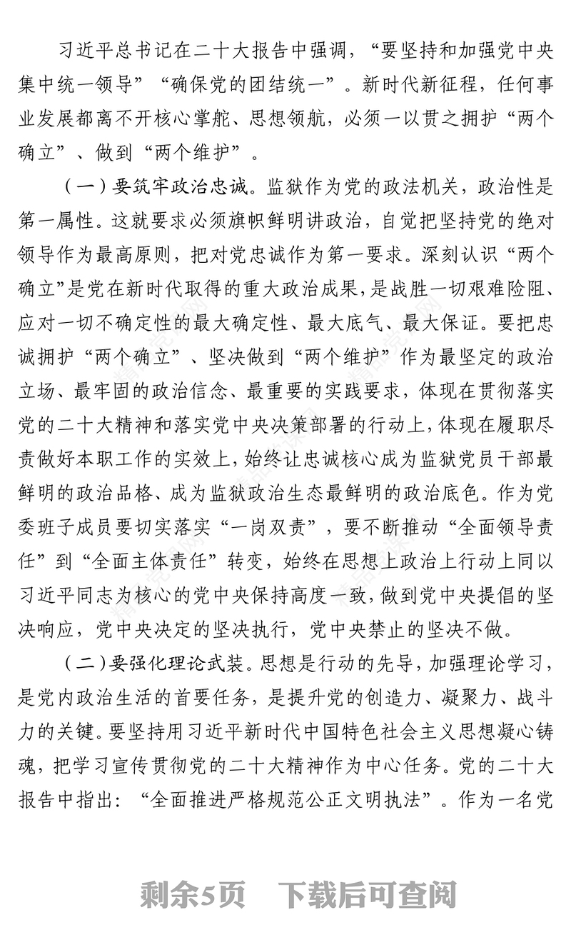 踔厉奋发落实党的二十大精神守正创新推进监狱高质量发展发言提纲