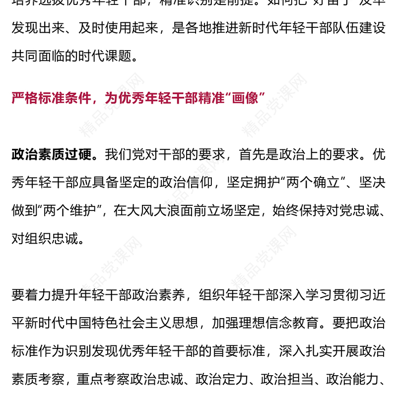 党政风精准识别优秀年轻干部方法PPT新时代年轻干部队伍建设微党课(讲稿)