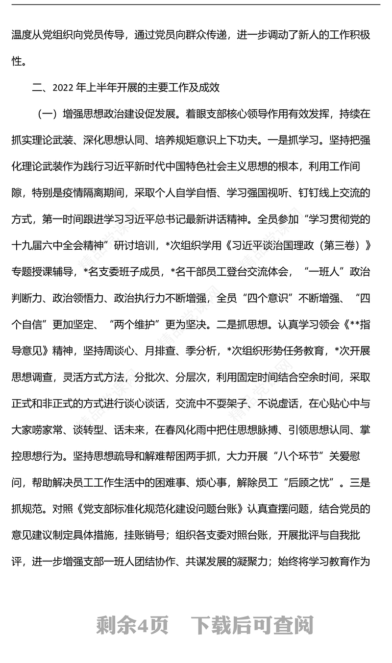 公司党支部上半年总结述职报告小结