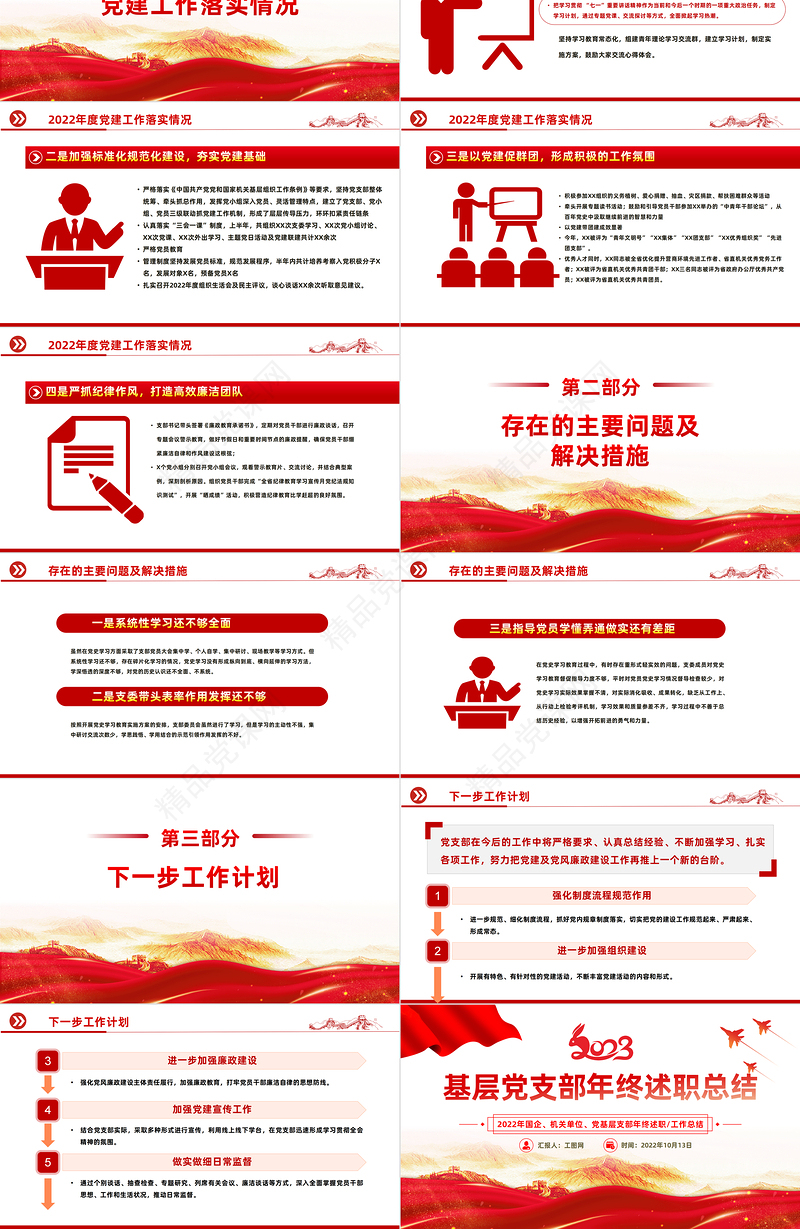基层党支部年终述职总结PPT党政风党建风基层党支部开展工作制定计划主题党日活动专题党建党课课件模板