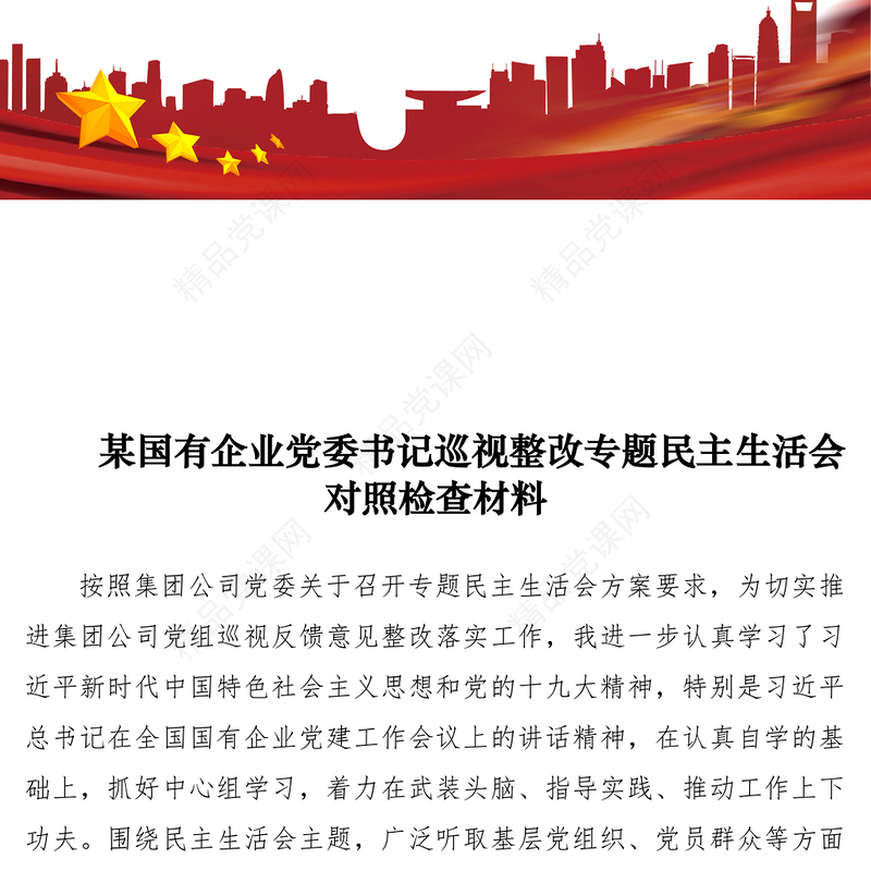 【民主生活会】某国有企业党委书记巡视整改专题民主生活会对照检查材料
