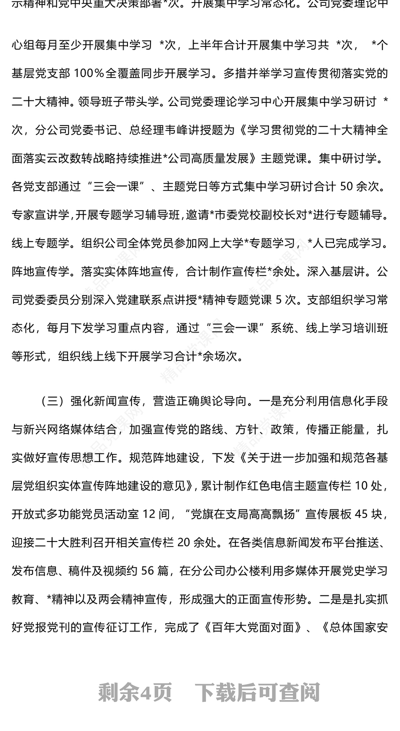 2024年公司上半年意识形态情况报告模板