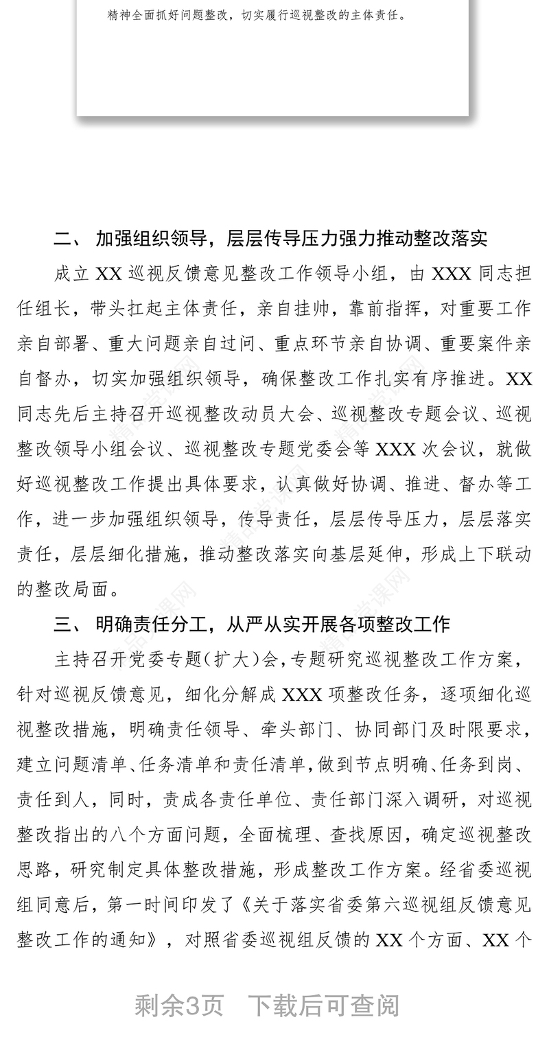 落实巡视整改“第一责任人”的情况党建工作总结