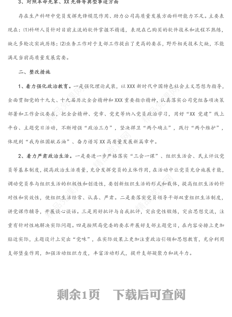 年党支部组织生活会支部委员会查摆问题情况及整改措施