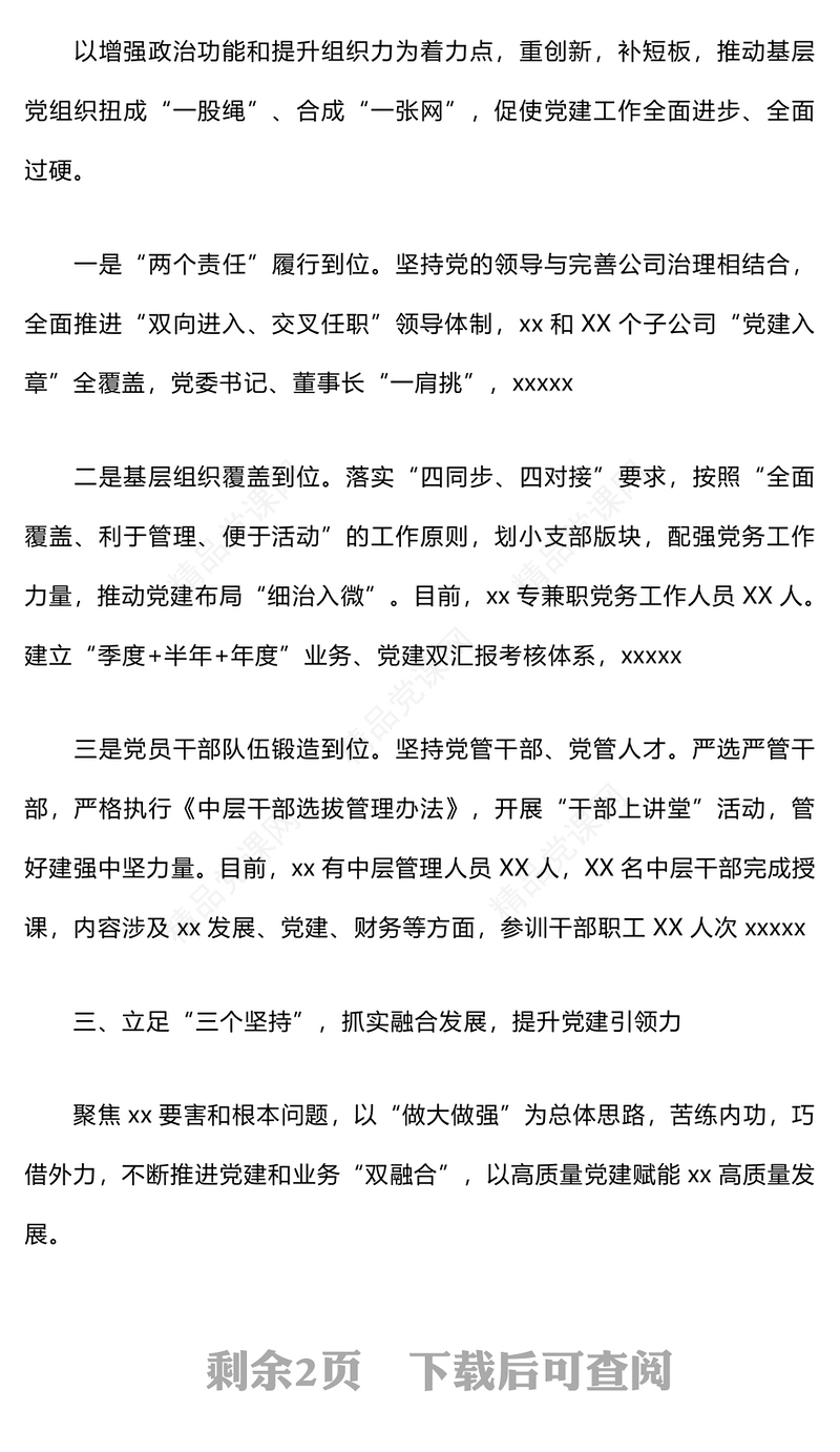 2024年党建工作情况汇报模板