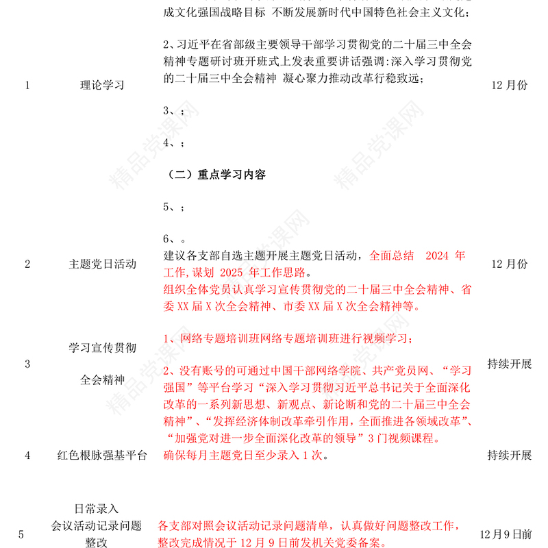 2024年12月支部党建重点任务清单word