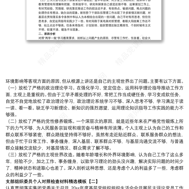 支部组织委员个人对照检查材料精选模板