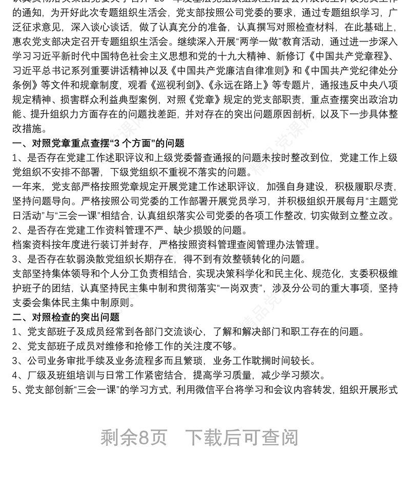 支部组织委员个人对照检查材料精选模板