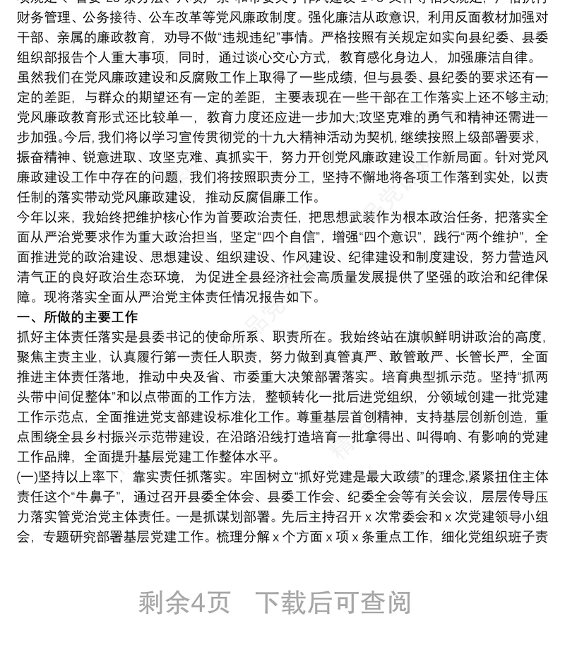 落实全面从严治党主体责任和主要负责人履行“第一责任人”职责情况的报告三篇