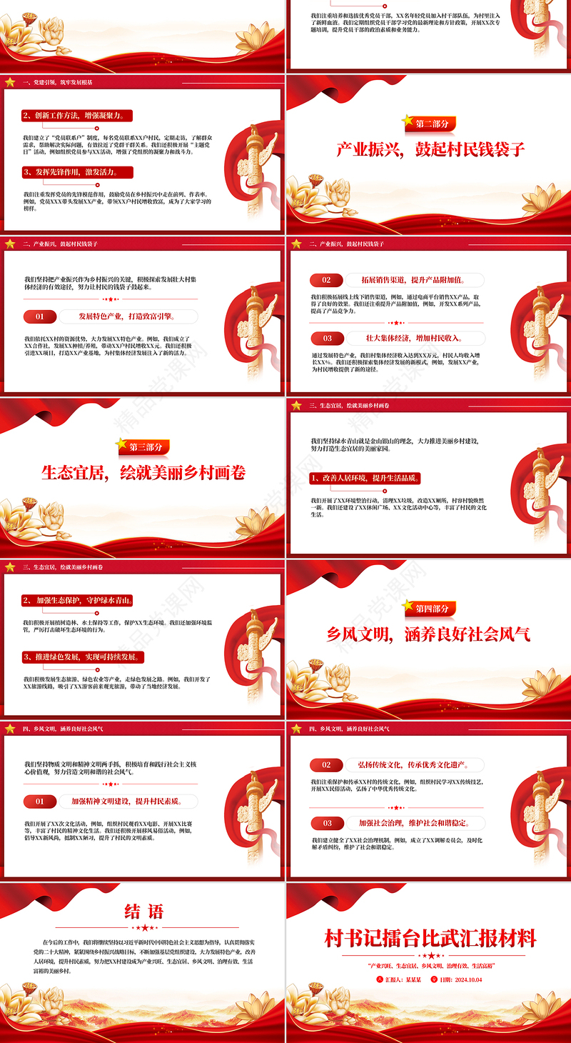 简洁精美村书记擂台比武汇报材料PPT模板课件