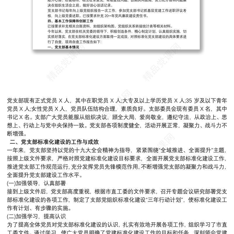 党支部标准化规范化建设自查情况报告 3篇