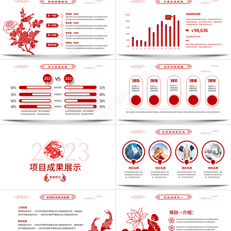 2023年终工作报告PPT红色剪纸风兔年年终总结新年工作计划汇报模板下载