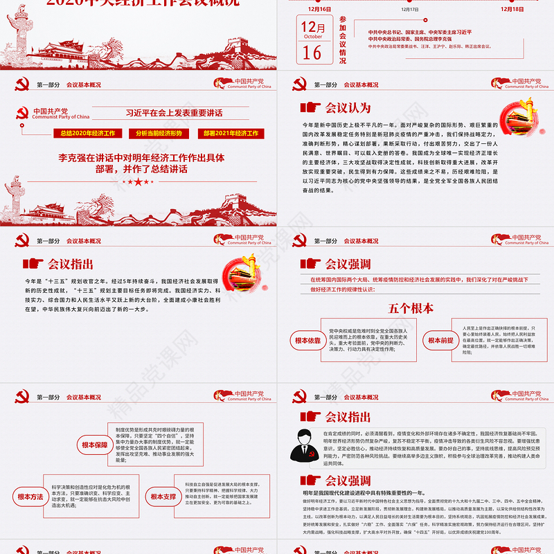 党政风简约中国风2020中央经济工作会议精神和2021年中国经济工作重点内容解读党课PPT