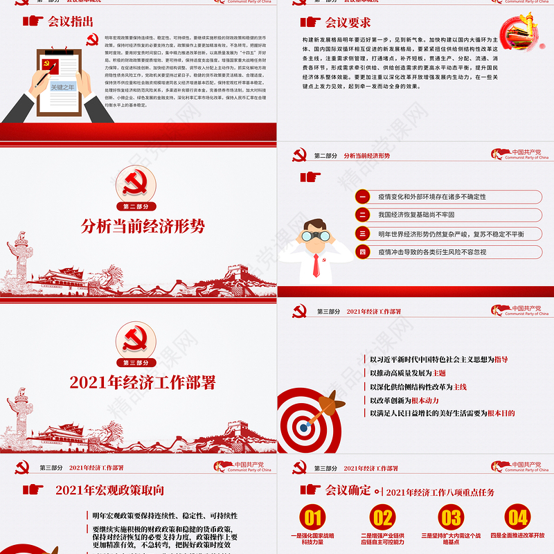 党政风简约中国风2020中央经济工作会议精神和2021年中国经济工作重点内容解读党课PPT