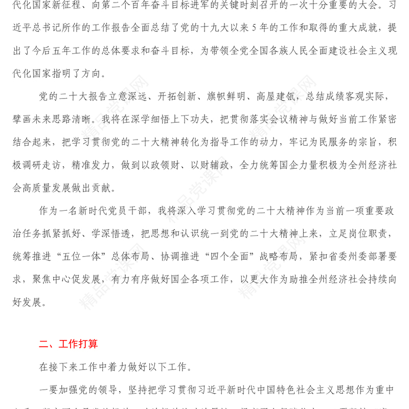 国企党员干部学习二十大报告心得体会