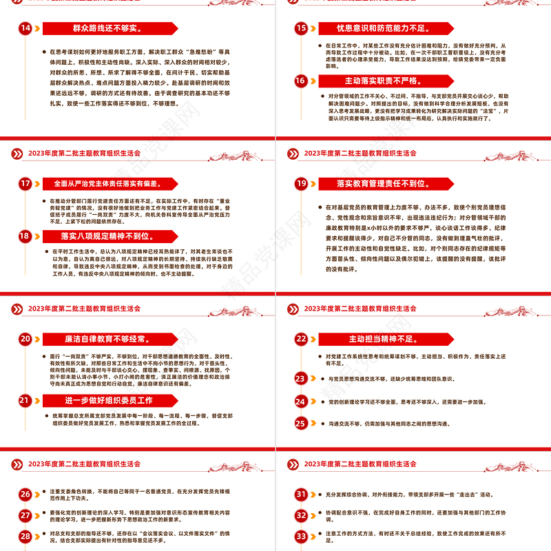 组织生活会相互批评意见问题清单50条PPT党政风实用第二批主题教育生活会模板