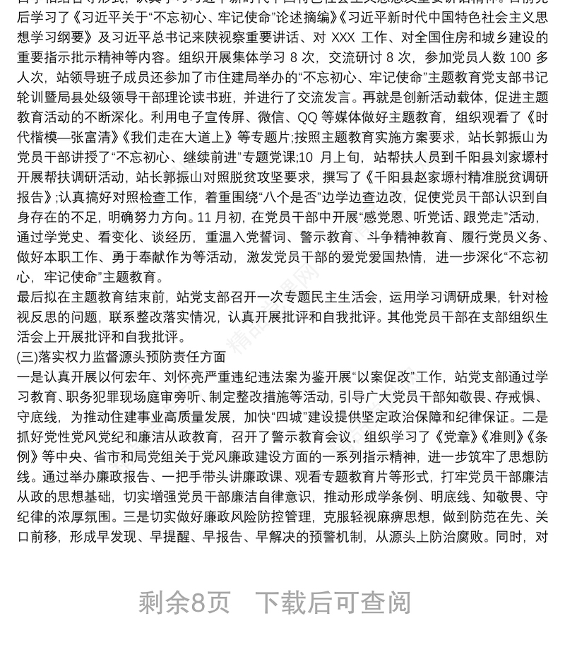 党支部落实全面从严治党主体责任报告