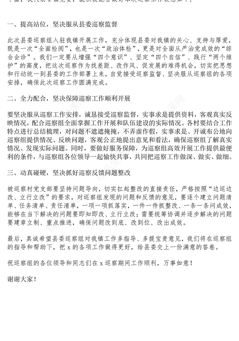 到村巡察动员会主持词和乡镇党委书记表态发言材料范文下载