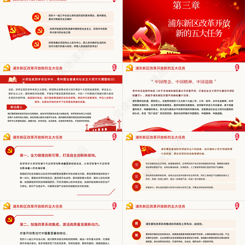 红色简约党政风学习习总书记浦东开发开放三十周年大会上讲话ppt