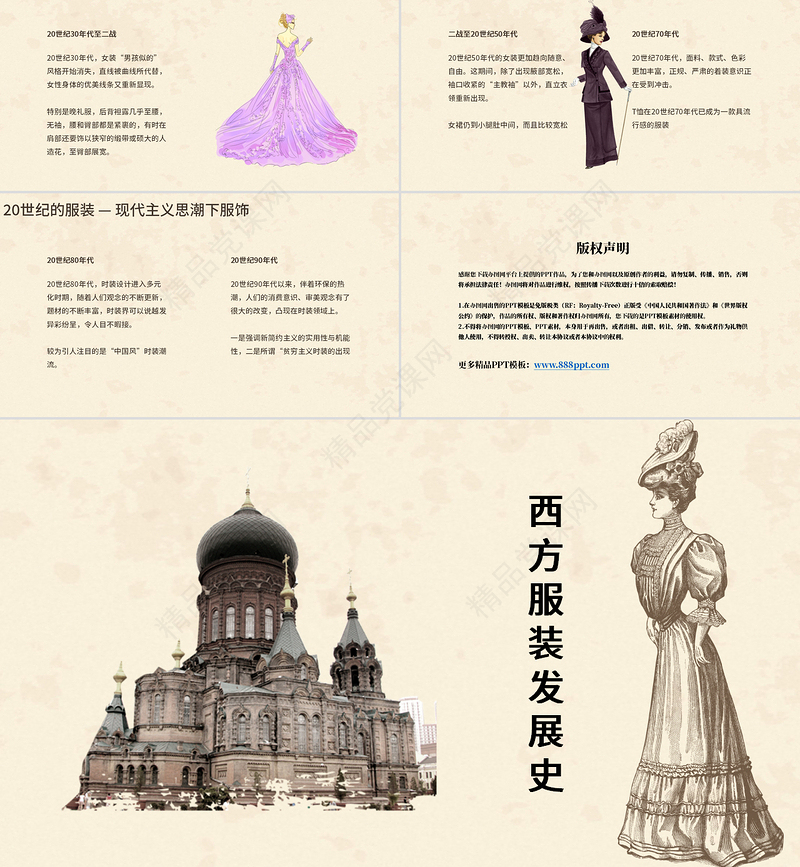复古风尚西方服装发展史教育课件PPT模板