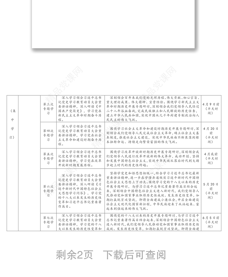 2021年党史学习教育学习计划安排表格