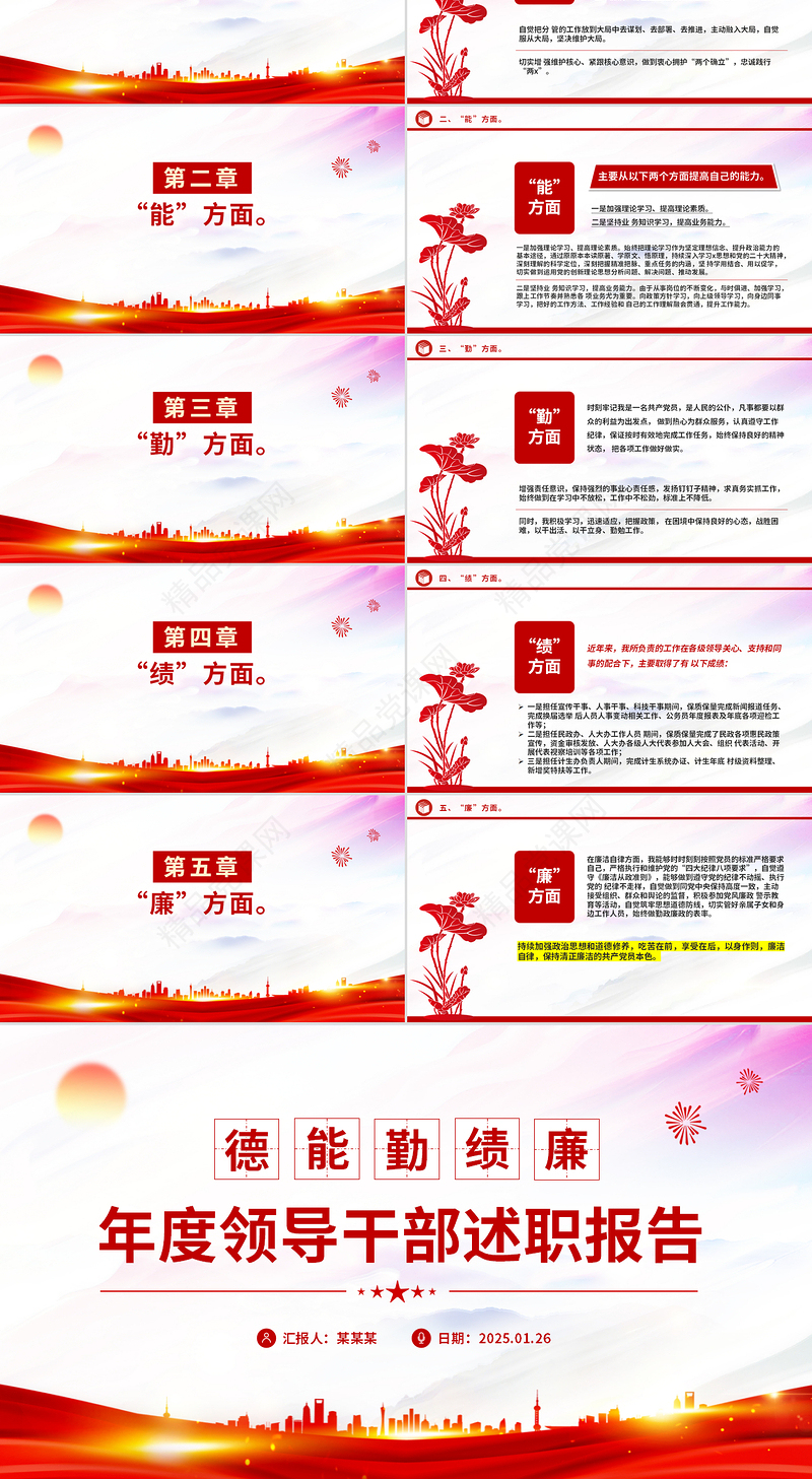 大气简洁领导干部德能勤绩廉述职报告PPT模板