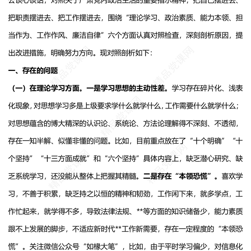 2023年主题教育党支部专题组织生活会个人对照剖析发言材料PPT(讲稿)