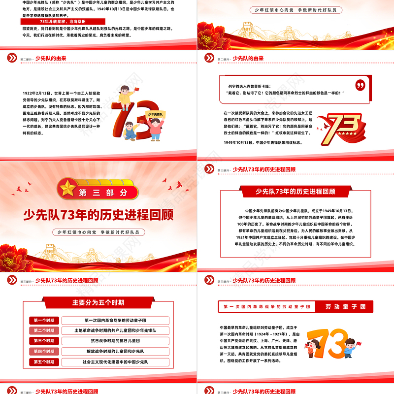 中国少先队成立73周年学习解读PPT红色简约风少年红领巾心向党争做新时代好队员专题课件模板