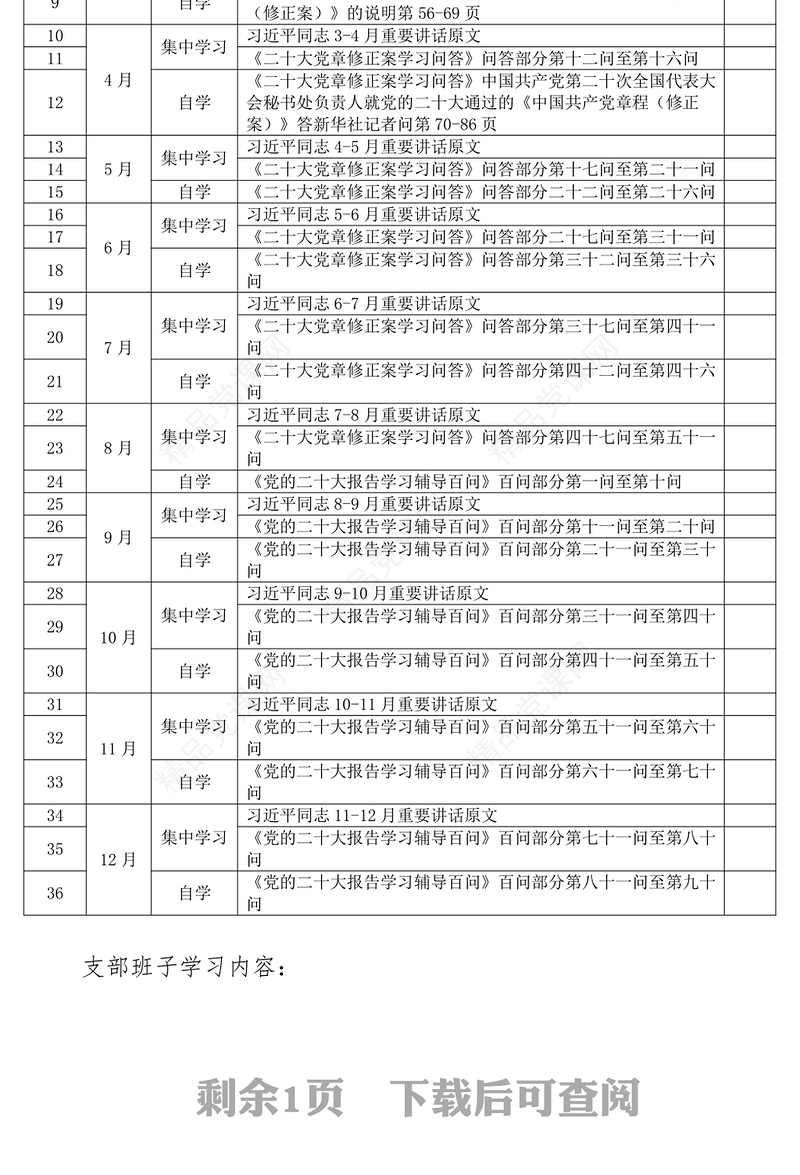 2023年理论学习计划方案表格个人班子