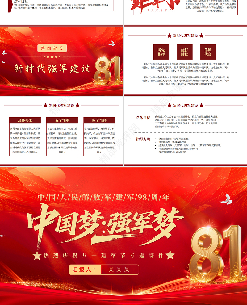 精美大气中国梦强军梦PPT红色大气风热烈庆祝八一建军节建军98周年专题党课课件